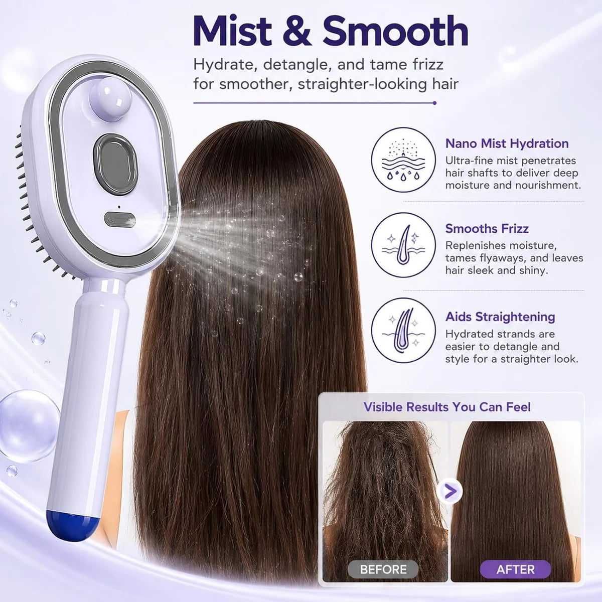 Electric Nano Mist Hair Brush – Rechargeable Detangling & Smoothing Comb