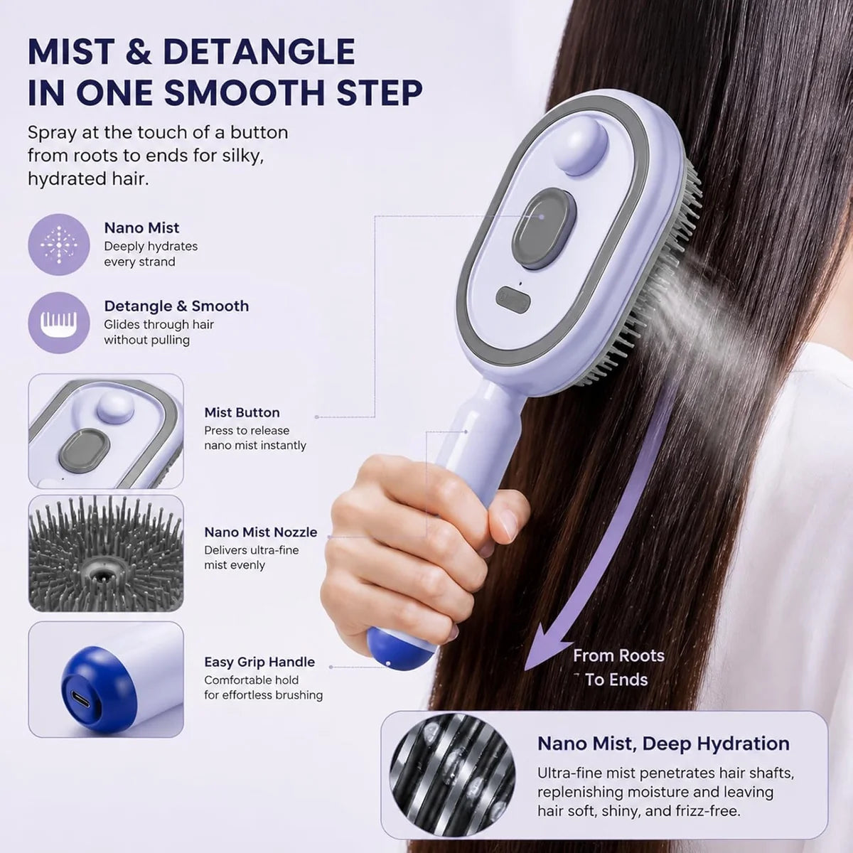 Electric Nano Mist Hair Brush – Rechargeable Detangling & Smoothing Comb