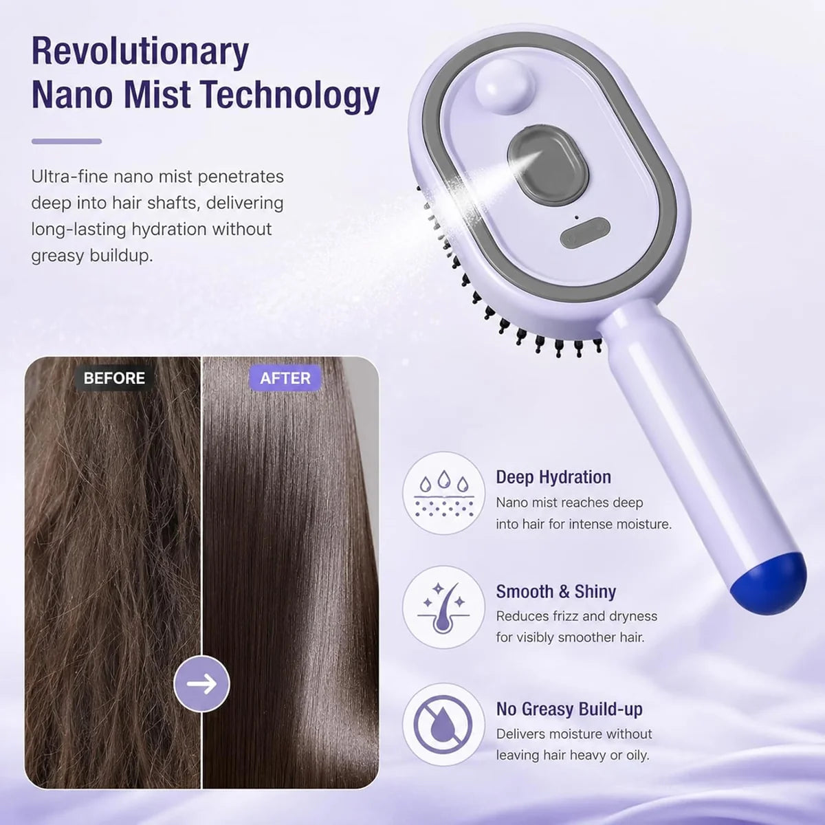 Electric Nano Mist Hair Brush – Rechargeable Detangling & Smoothing Comb